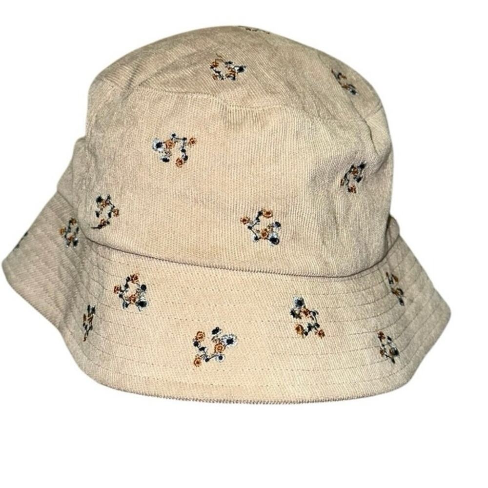 Floral Embroidered Corduroy Bucket Hat Beige Cottagecore Boho OSFM